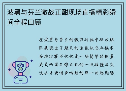 波黑与芬兰激战正酣现场直播精彩瞬间全程回顾